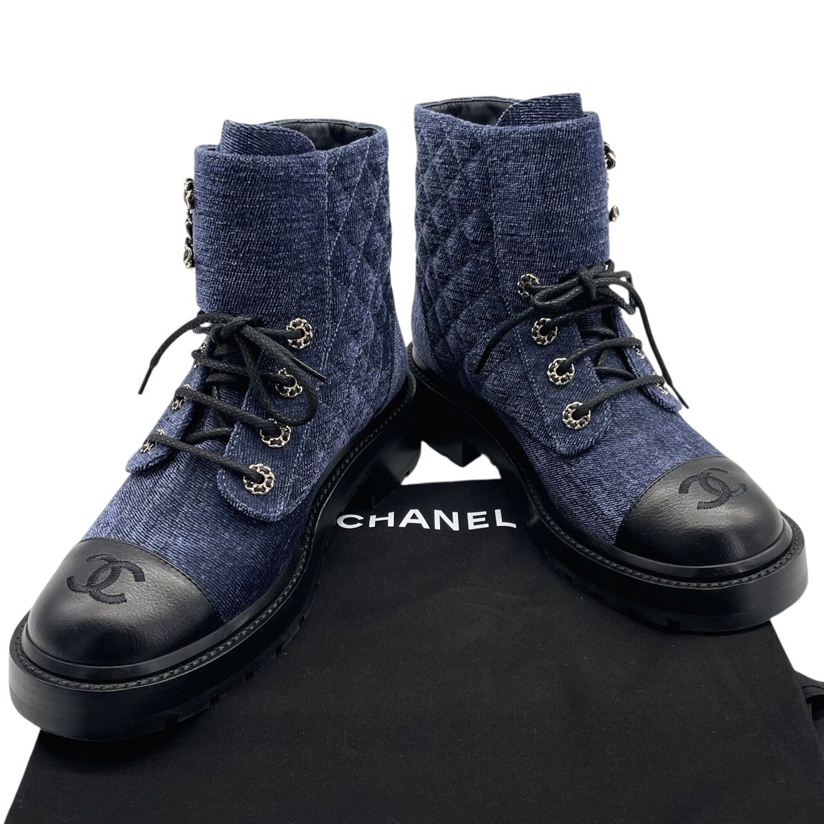 【中古】CHANEL シャネル 天鵝絨 カーフスキン ココマークマトラッセショートブーツ G36424 スピード競技繰り上げる 大きさ38 青碧×黒いこと 靴 レディース 23045662 QB