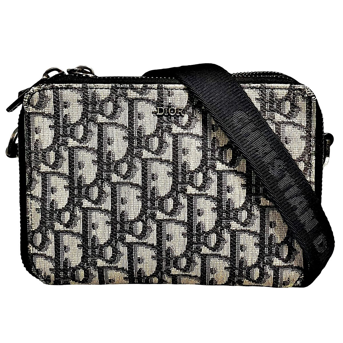【中古】Dior クリスチャンディオール  ショルダーバッグ オブ漏れる ジャガードポーチ 同盟罷工一回り付 2OBBC119YSE 米国海軍 黒 帆布地 なめし革 メンズ 25009182 MK