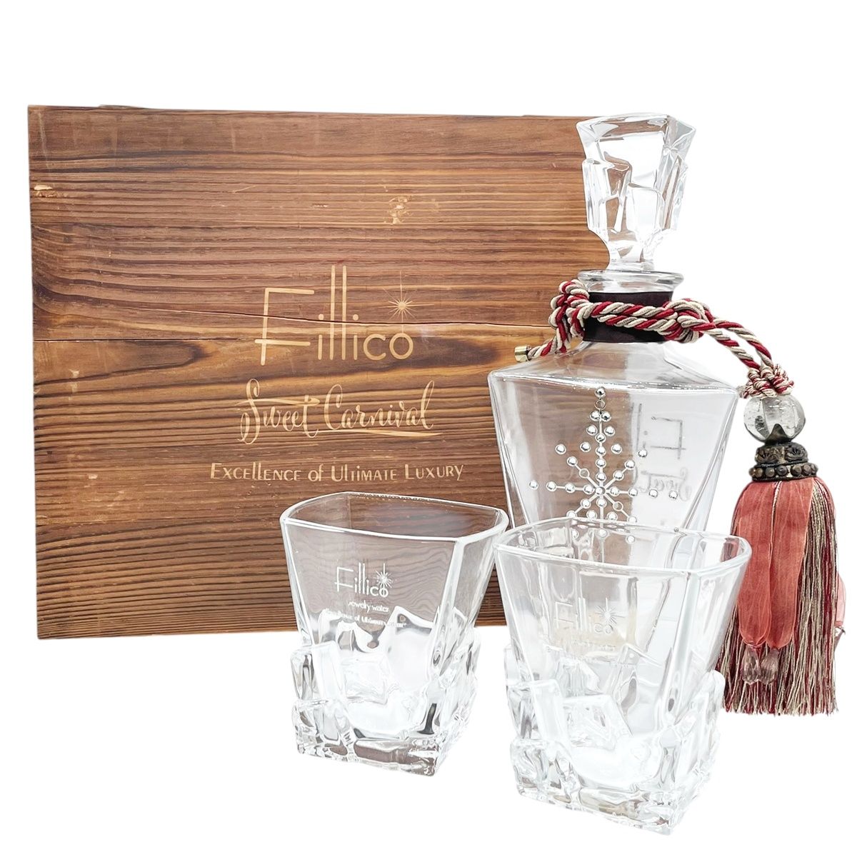 【中古】空ボトル Fillico フィリコ クリスタルボンボン ウイスキーグラス2個セット 飾りボトル 木箱付き インテリア 22044811 MK