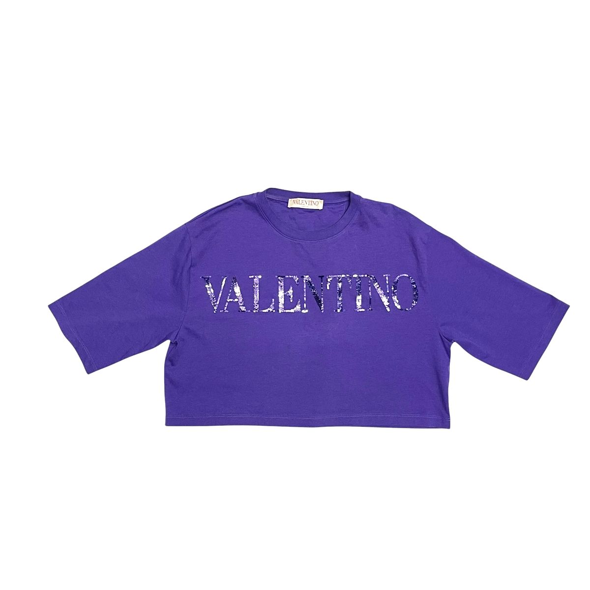 【中古】 VALENTINO ヴァレンティノ バレンチノ スパンコール クロップド ティーシャツ 2B3MG20J7Q7 パープル ロゴタイプ トップス レディース 25038681 AO