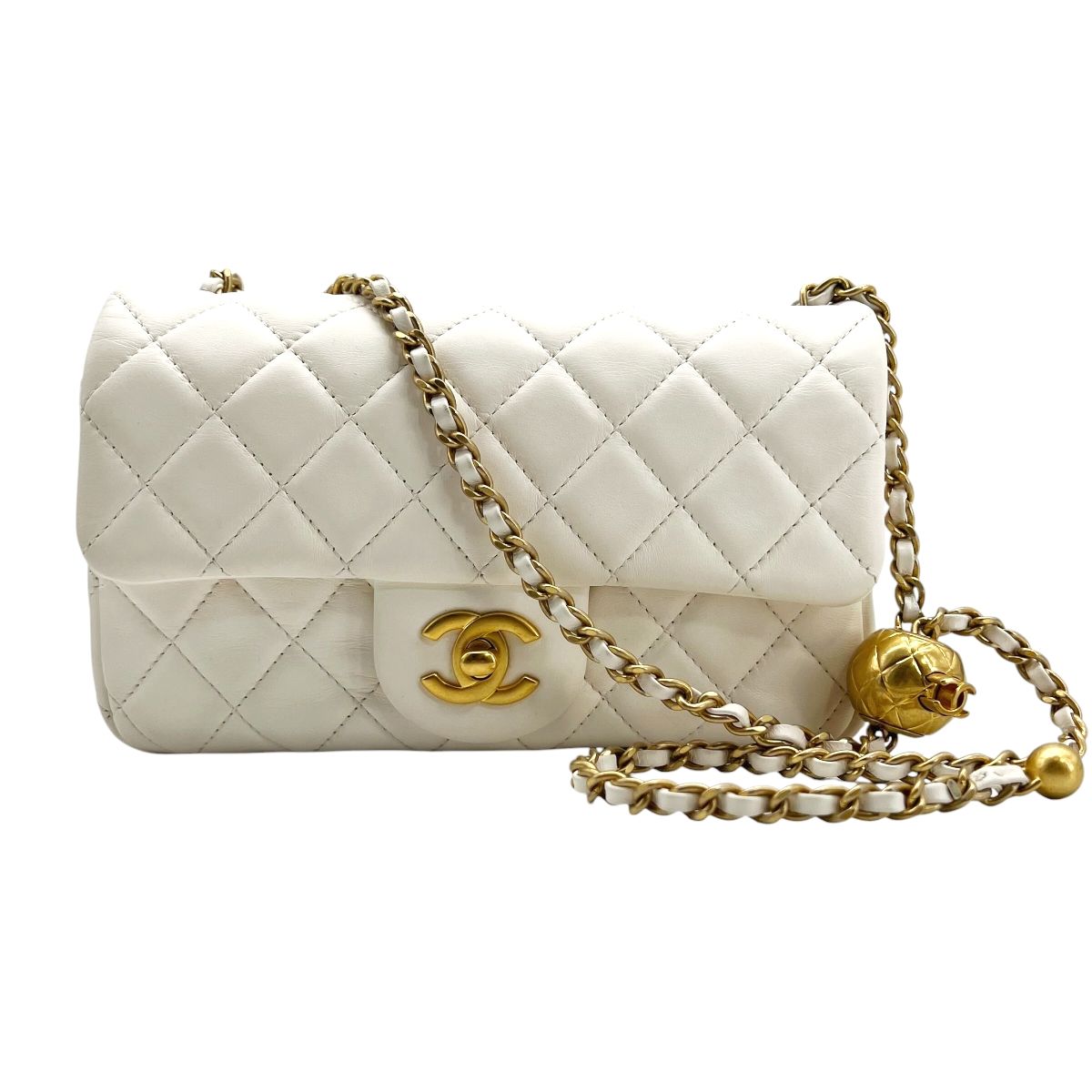 【中古】 CHANEL シャネル ココボール ミニ フラップバッグ マトラッセ20 ラムスキン ホワイト AS1787 プレート チェーンバッグ レディース 26003568 HO|歌舞伎屋 X シルバーバンク
