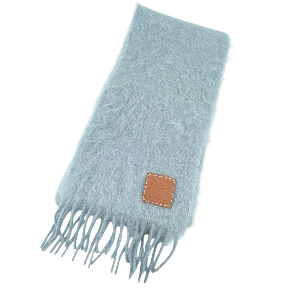【中古】 LOEWE ロエベ アナグラム モヘアマフラー グレー ウール マフラー レザーパッチ フリンジ付 レディース 26002413 HO