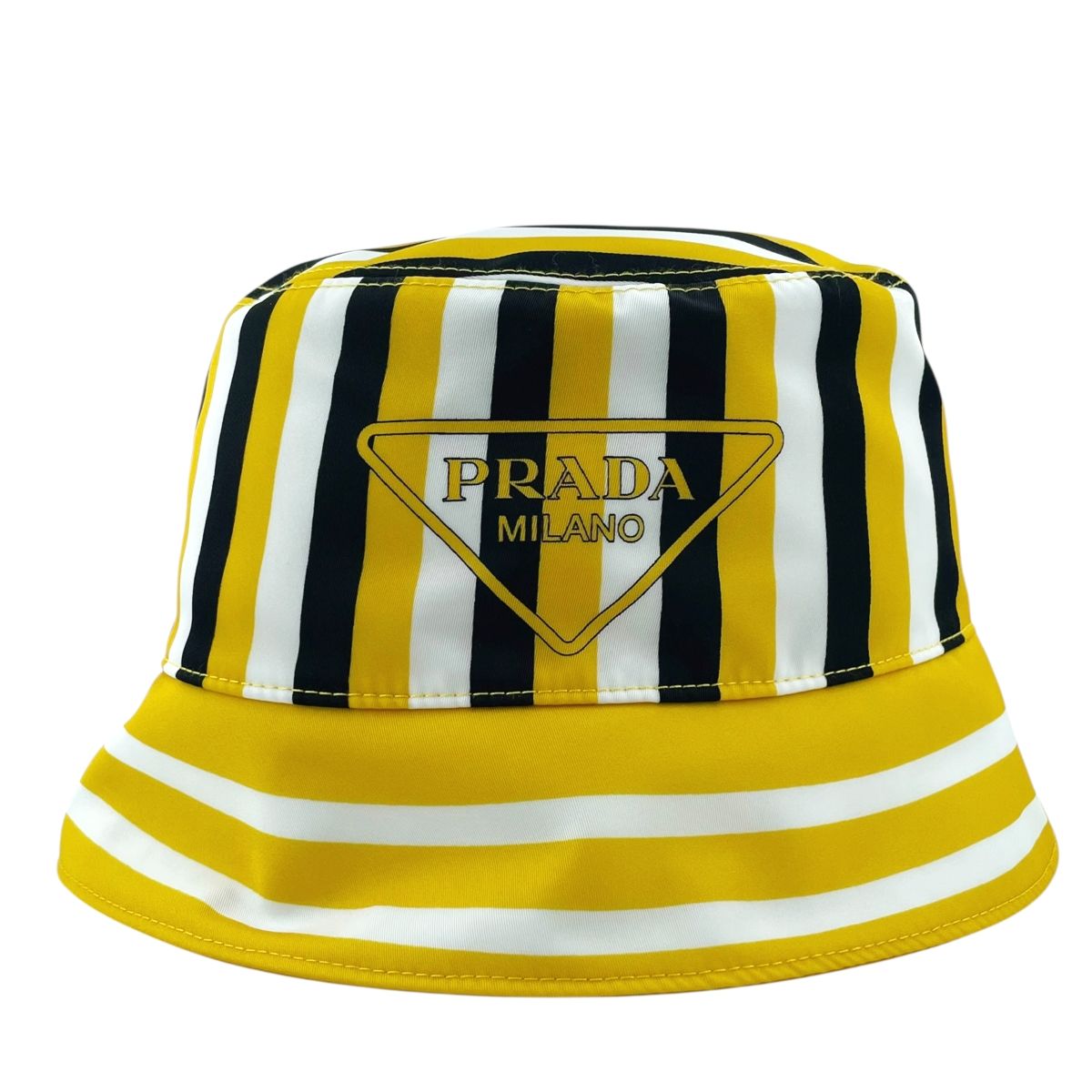 【中古】 PRADA プラダ 縞模様 井戸釣瓶かぶり笠  大きさM 黄色 1HC137 ナイロン RE-NYLON ３角形ロゴタイプ かぶり笠 鳥打ち帽 メンズ  26002179 HO
