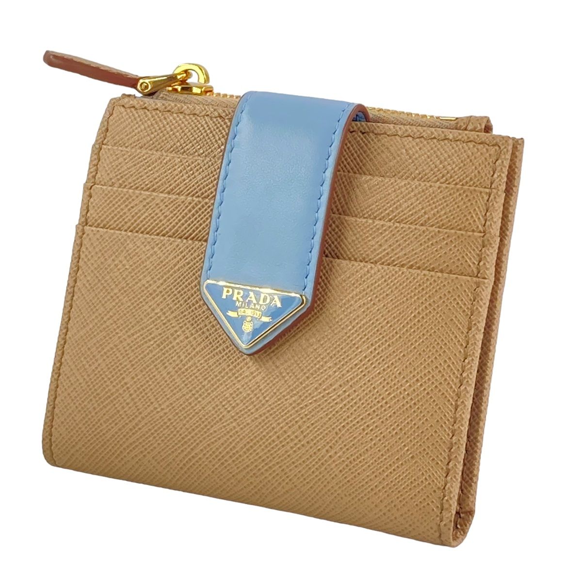 【中古】 PRADA プラダ サフィアーノ 溜め桶 ２つ折り紙入れ 1ML047 ベージュ 青み 24013466 AS