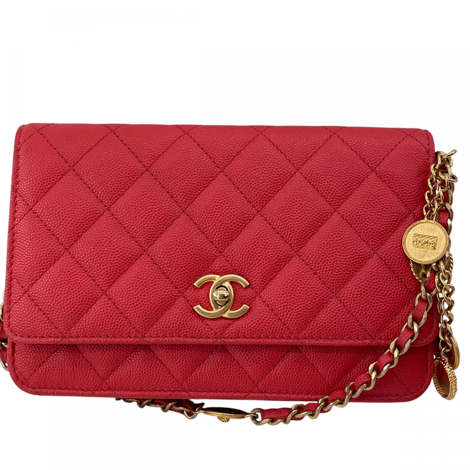 【中古】 CHANEL シャネル レディース財布 マトラッセ メダルチャーム チェーンウォレット キャビアスキン 赤 24023280 KJ