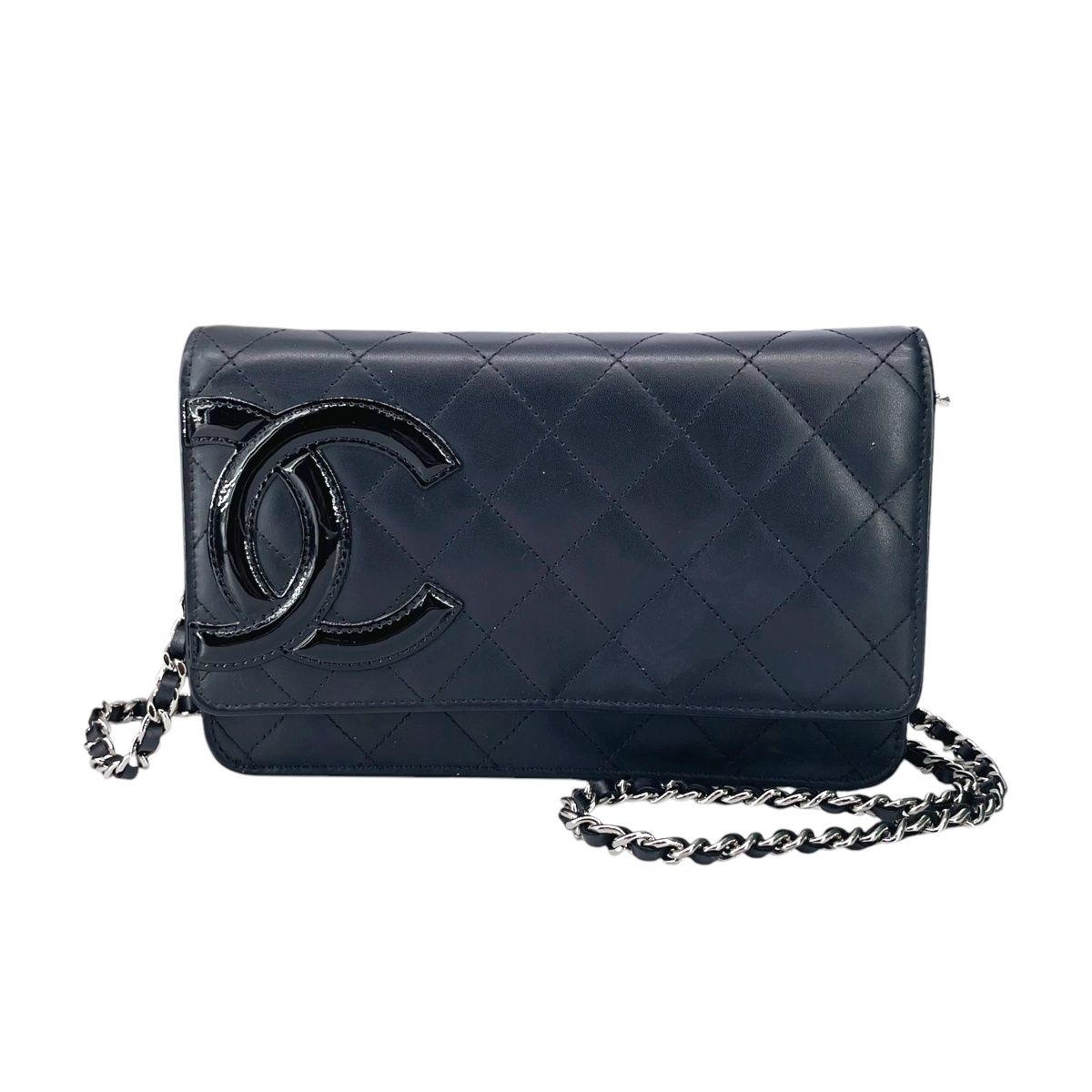 【中古】 CHANEL シャネル カンボンライン チェーンウォレット クラッチバッグ A46646 レザー エナメル ブラック黒 SV金具 ショルダーバッグ レディース 24020104 HO