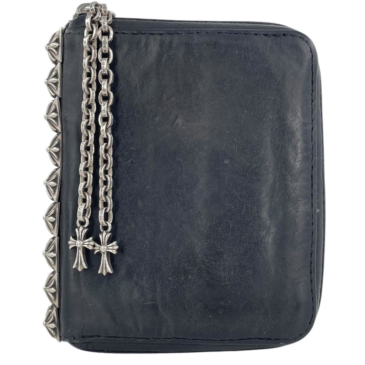 【中古】 CHROME HEARTS クロムハーツ 3サイドジップ ピラミッドスタッズウォレット なめし革 黒いことしろがね色 パウダーコンパクト 銭入れ 調査報告チェーン店 ベイビーファット 25010115 RS