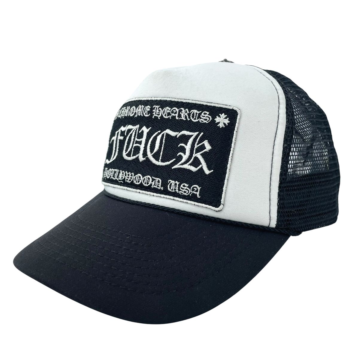 【中古】CHROME HEARTS クロムハーツ トラッカーキャップ FUCK YOU 黒いことX白いこと クロスボール 鳥打ち帽 26012458 RD