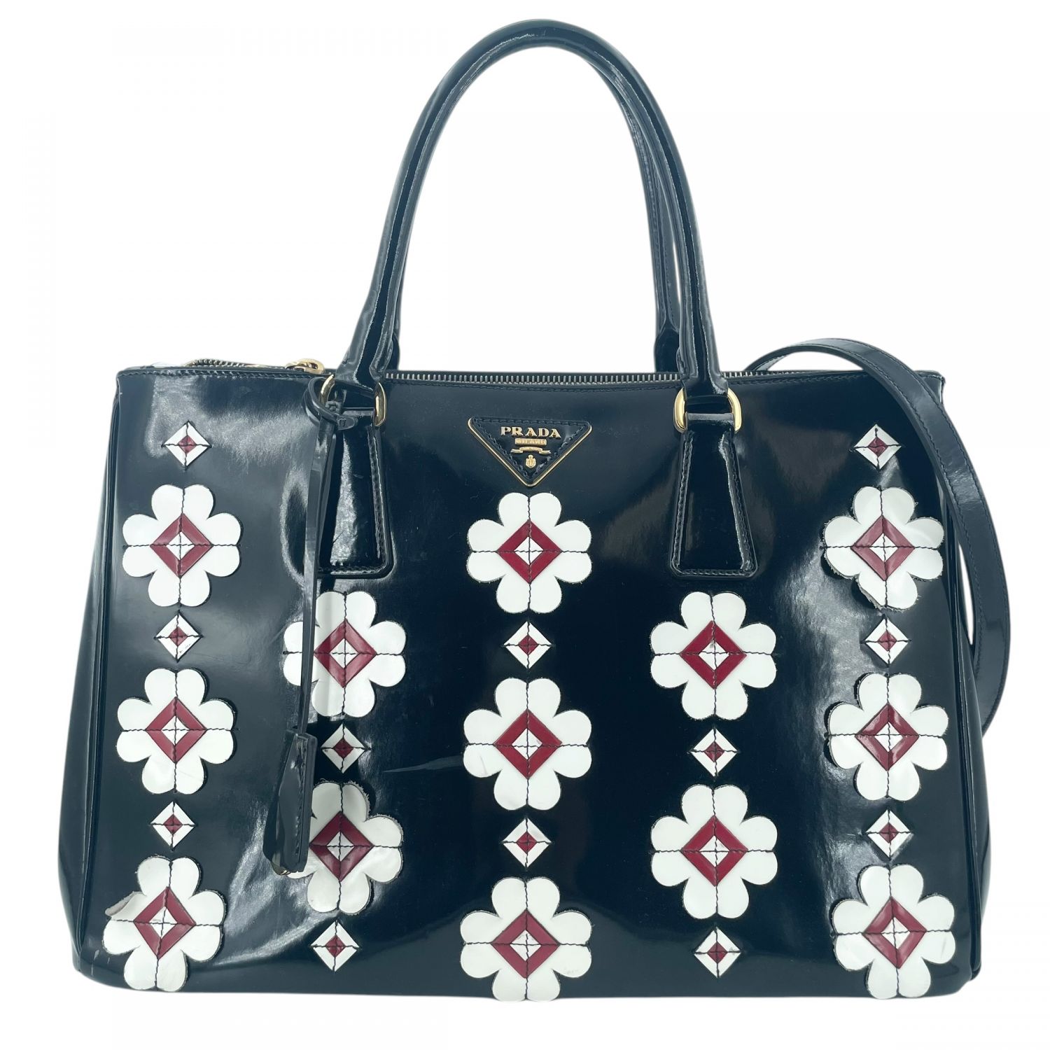 【中古】 PRADA プラダ  B2274F ガレリア フロラール ハンドバック 並み並み エナメル  エナメル ショルダーバッグ レディース 黒いこと 26007452 KJ