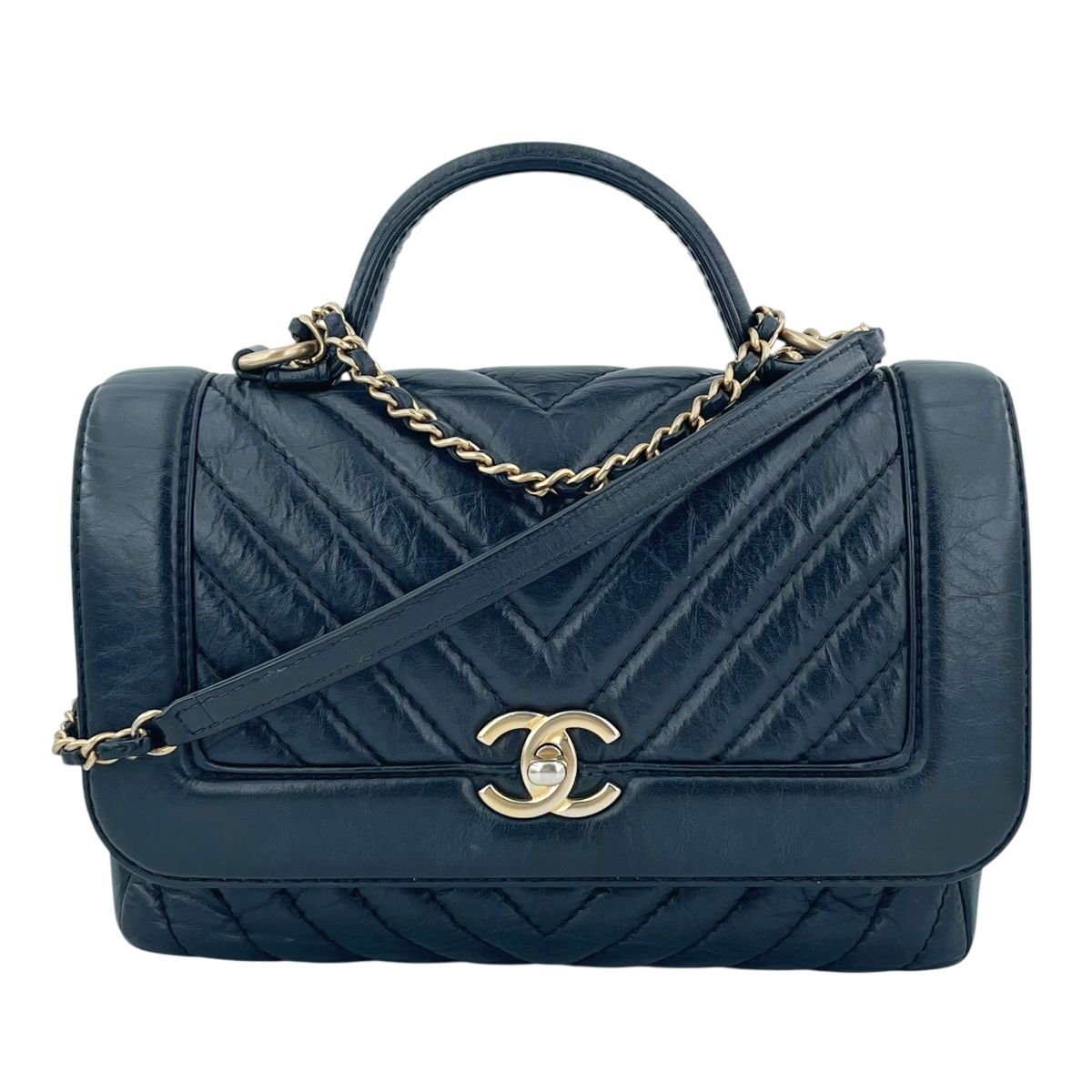 【中古】 CHANEL シャネル シェブロン トップハンドル フラップバッグ A57213 ブラック ヴィンテージ GP金具 カーフレザー Vスティッチ チェーンバッグ ショルダーバッグ レディース 26005647 HO｜歌舞伎屋 X シルバーバンク