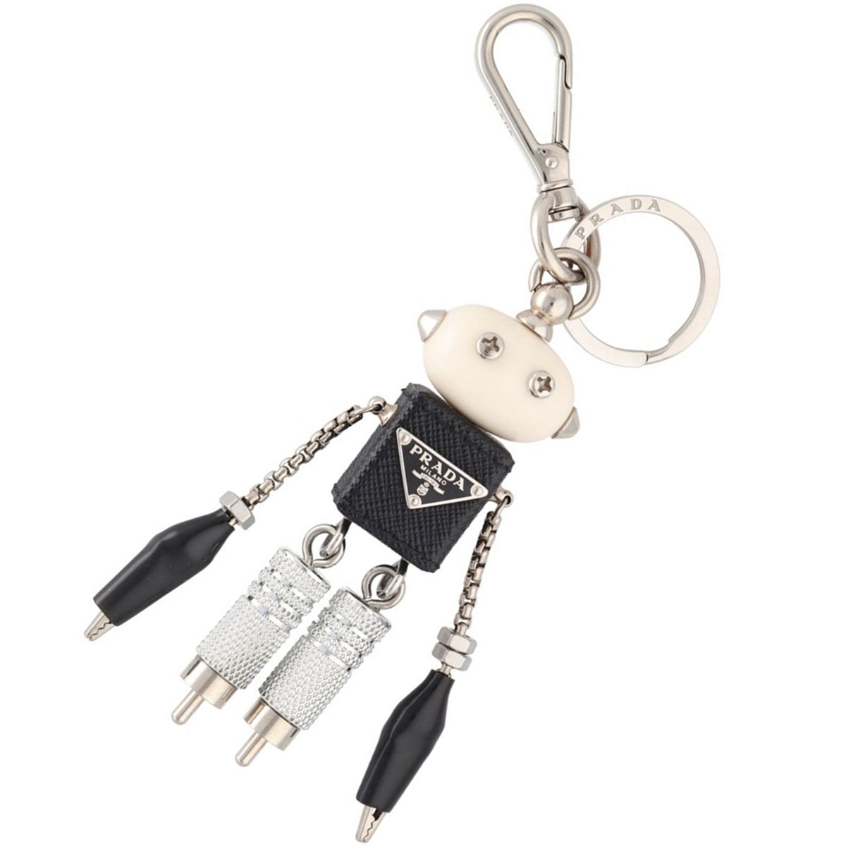 【中古】 PRADA プラダ 人造人間 サフィアーノレザーキーチェーン 御徒面子惹き付ける 黒/白/しろがね色 三角形ロゴタイプ 26014918 MK