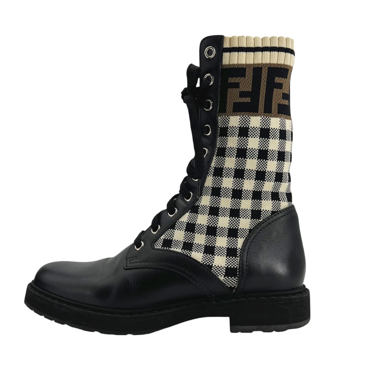 【中古】 Fendi フェンディ ロココ ストレッチファブリック バイカーブーツ なめし革ブーツ ズッカ柄 帆布 黒いこと 大いさ37 FFロゴタイプ レデイーズ 25006797 HO 靴-その他