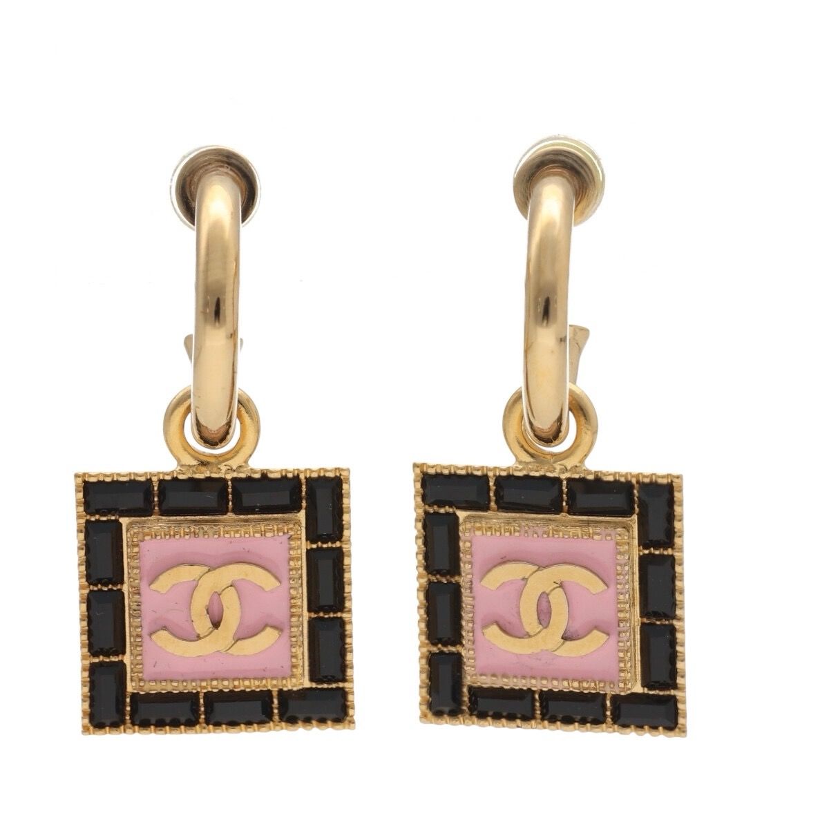 【中古】 CHANEL シャネル ピアス ココマーク スクエア フープピアス メタル ストラス レジン B24 S ゴールド/ピンク/ブラック 25018646 QB