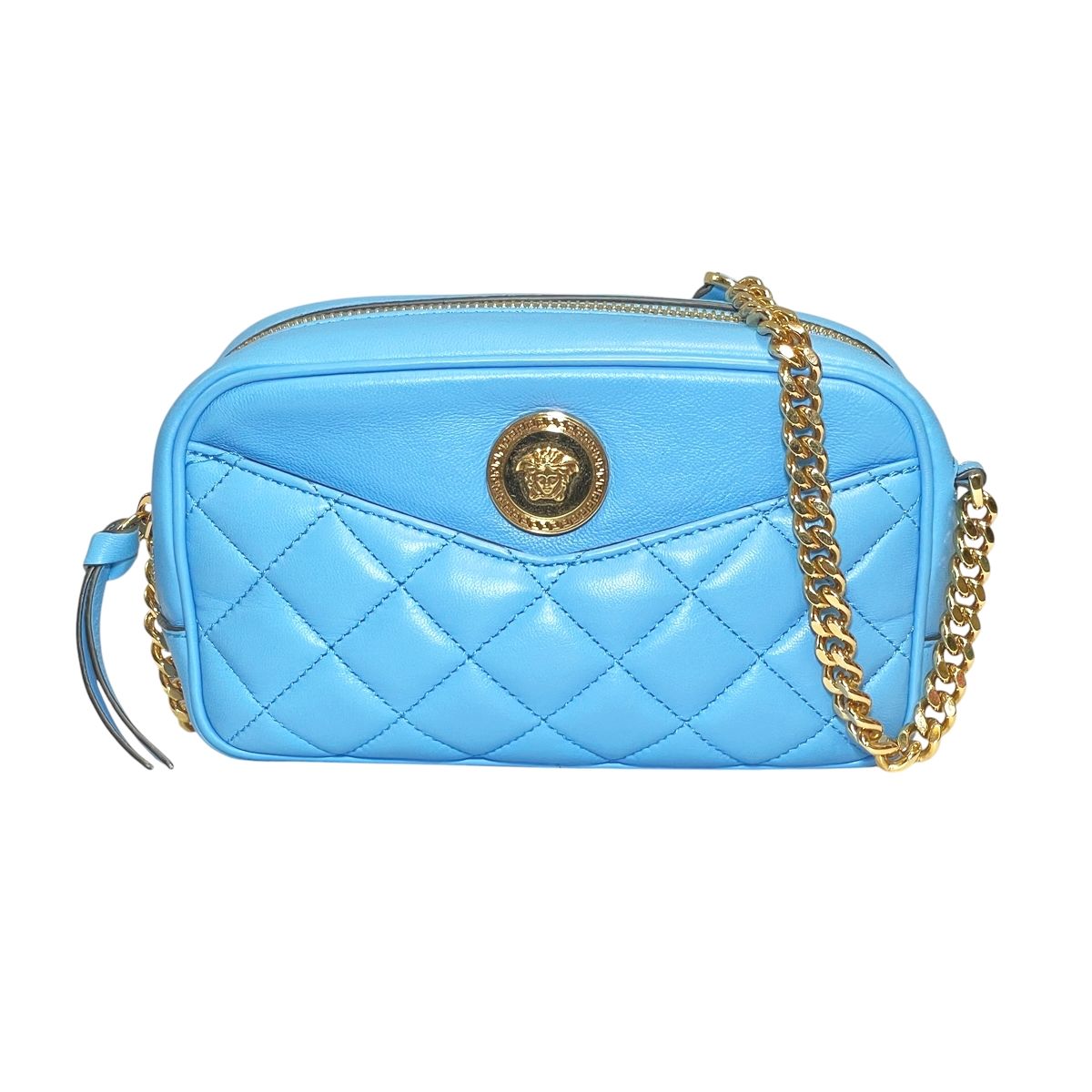 【中古】 VERSACE ヴェルサーチ キルティング メデューサ ショルダーバッグ 1008827 ライトブルー チェーン ミニバッグ レザー レディース 25040166 AO