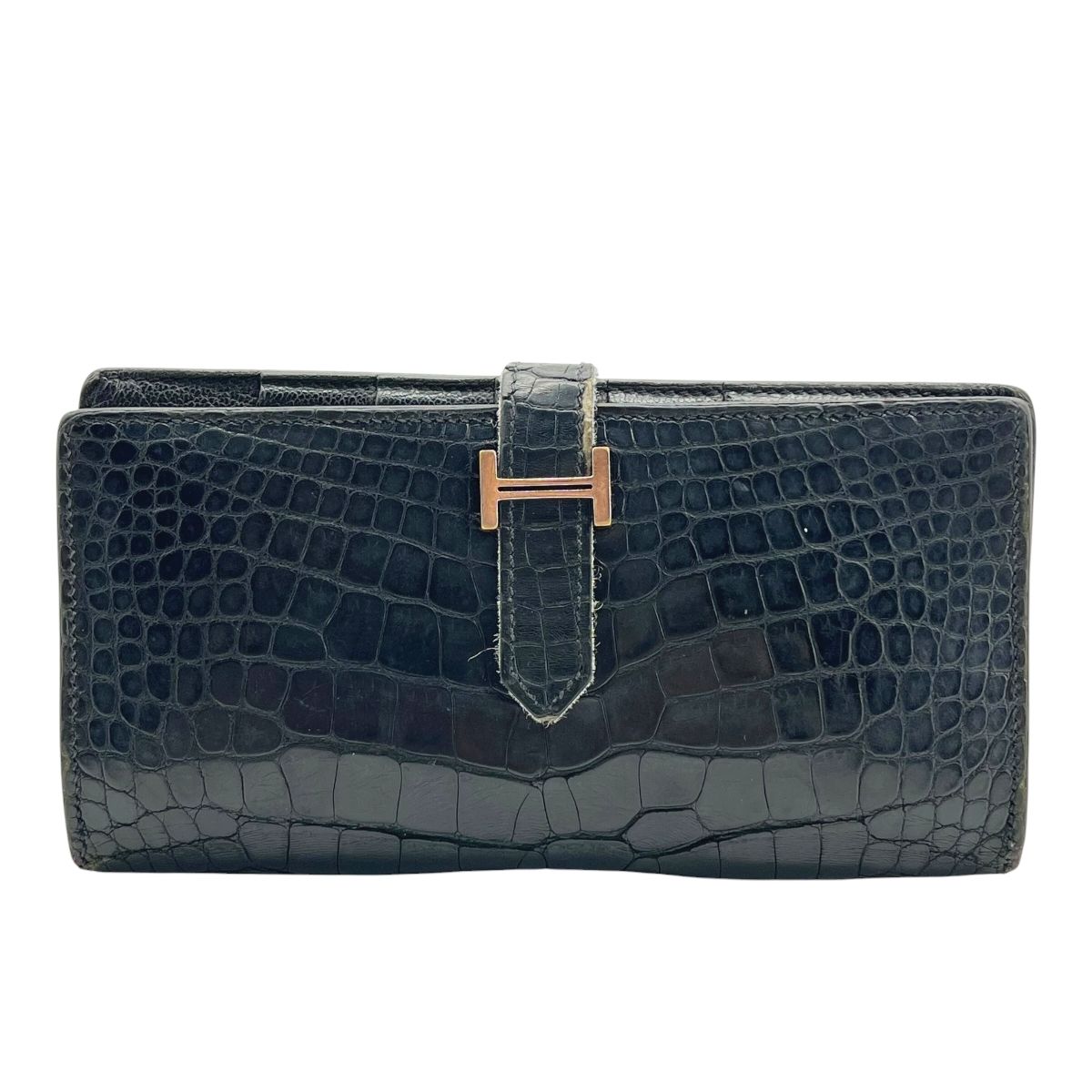 【中古】 HERMES エルメス ベアンスフレ アリゲーター 黒 ノワール パラジウム金具 クロコ □L ロングウォレット 長札入れ レディース メンズ  26014926 HO