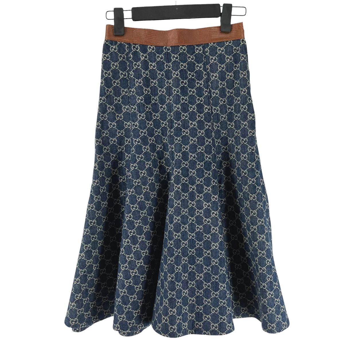 【中古】 GUCCI グッチ GG コットン デニムスカート サイズ36 ブルー ブラウン レザー 678803 フレアロングスカート GG柄 レディース 26007815 HO｜歌舞伎屋 X シルバーバンク