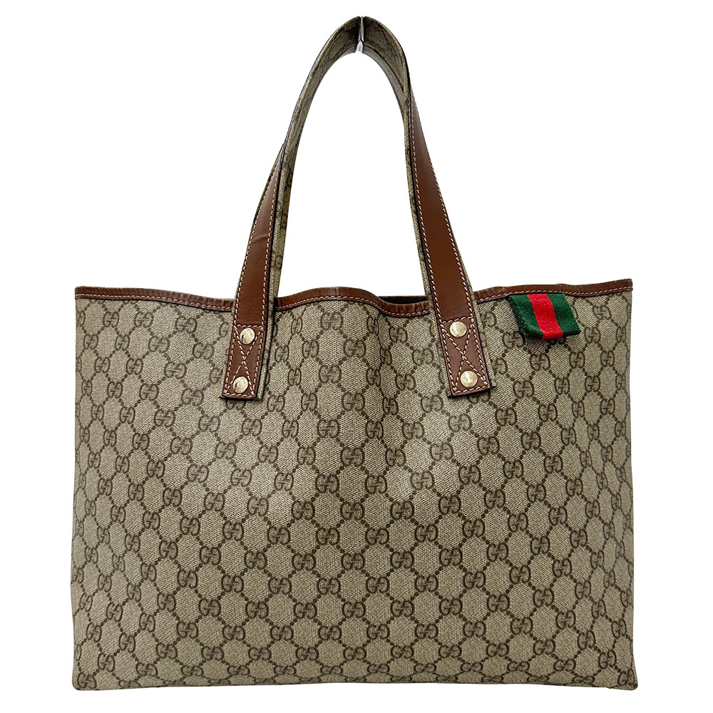 ポ*ン様 GUCCI トートバッグ ブラウン/ベージュ GGエンブレム〕ミディアム トートバッグベージュ＆ダーク