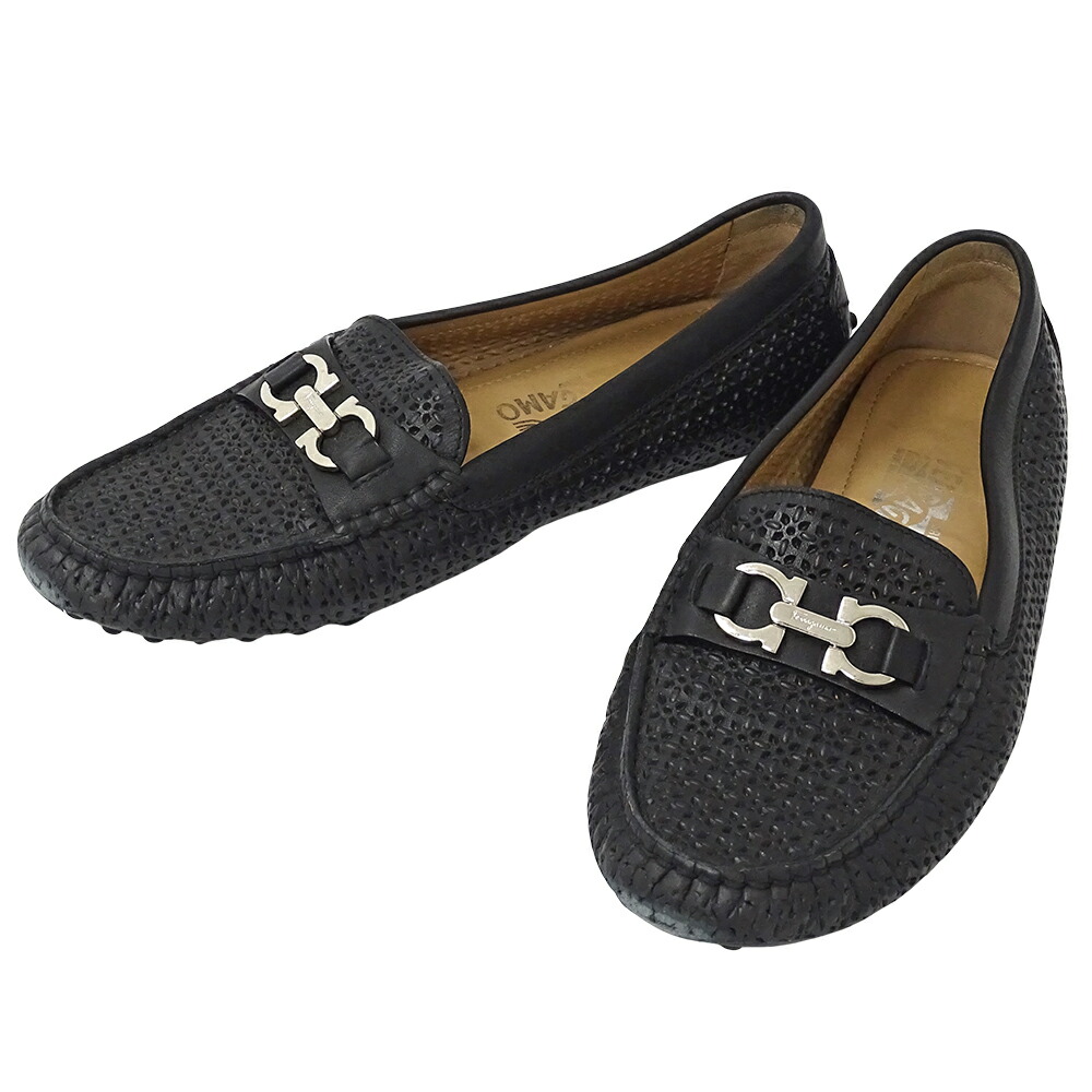 フェラガモ Ferragamo 靴 レディース ブランド ドライビングシューズ ダブルガンチーニ パンチングレザー ブラック サイズ7 約24cm 黒 おしゃれ 【中古】