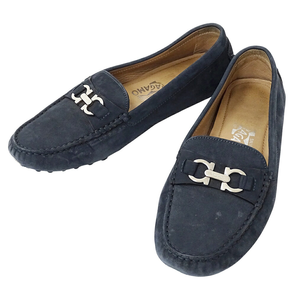 【全品最大10％OFF!9日20時から16日１時59分まで】フェラガモ Ferragamo 靴 レディース ブランド ドライビングシューズ ダブルガンチーニ スエード ネイビー サイズ7 約24cm 紺色 おしゃれ 【中古】