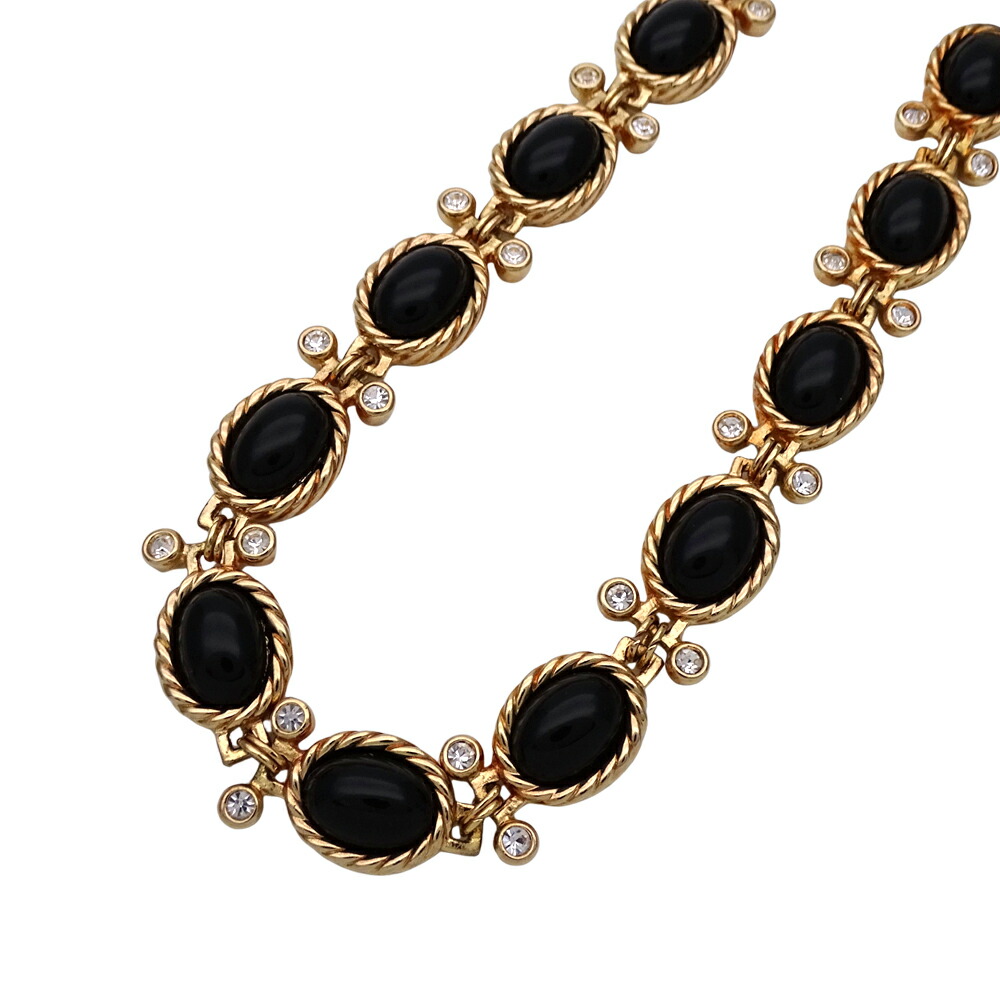ディオール Dior ネックレス レディース ブランド メタル ラインストーン ゴールド ブラック 黒石 オーバル ビジュー 【中古】｜ブランドベイ