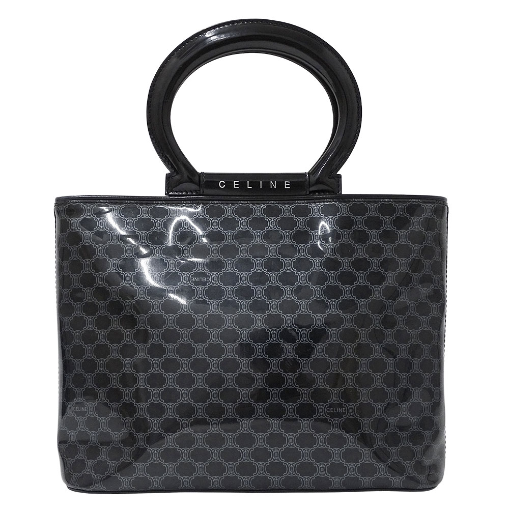 セリーヌ CELINE ハンドバッグ - ジャガード×レザー×エナメル（レザー） ベージュ×ダークブラウン×レッド バッグ ✨美品✨ セリーヌ ショルダーバッグ 馬車金具 ジャガード Cマカダム