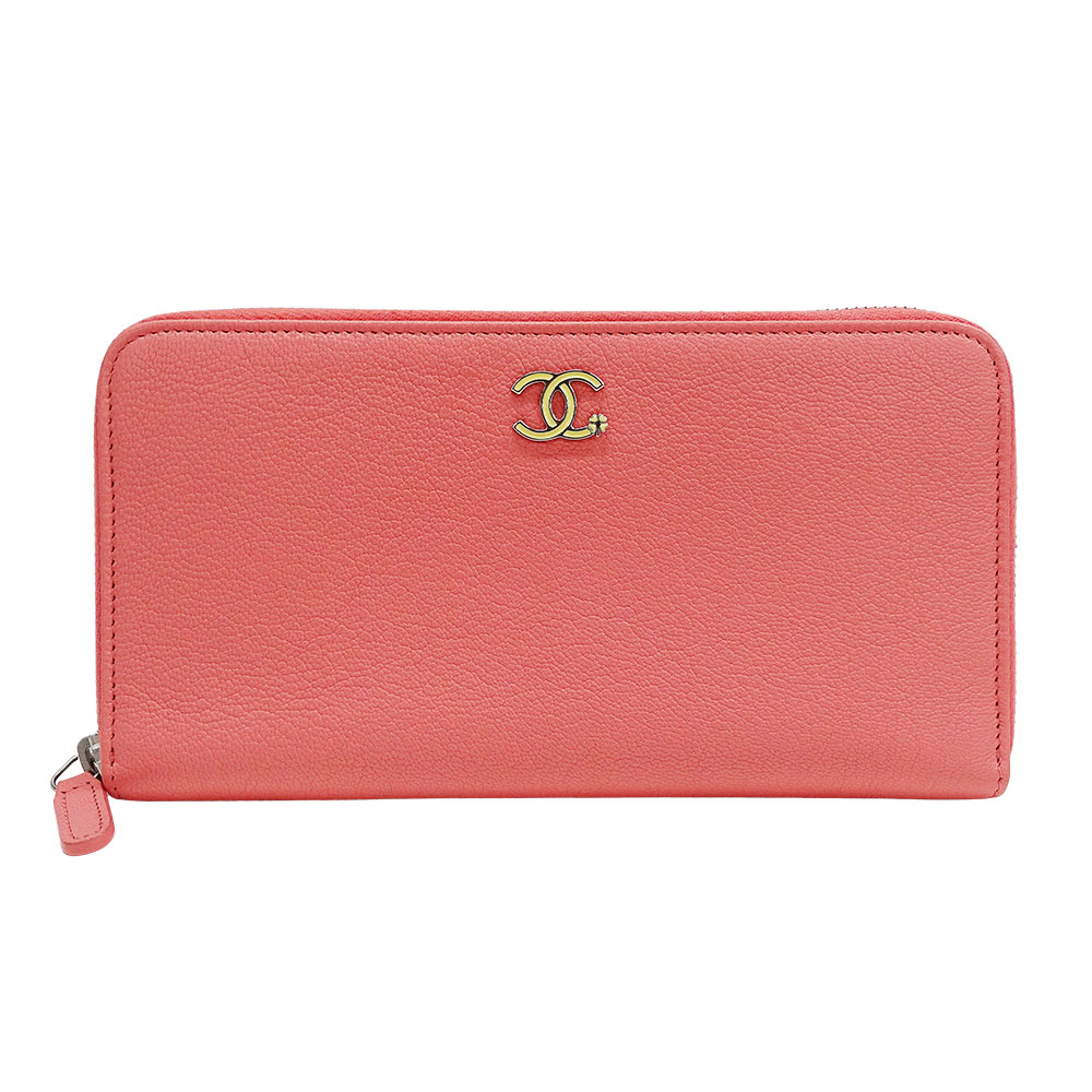 シャネル CHANEL 紙入れ レディース ブランド名 長紙入れ ラッキークローバー なめし革 秋味サクラ色 ラウンドジッパー 今めかしい 好いたらしい 花柄 【中古】