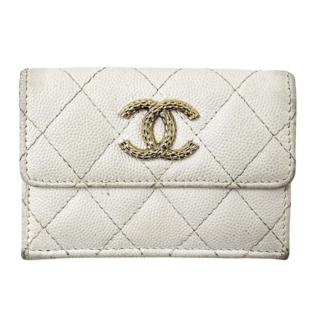 シャネル CHANEL 紙入れ マトラッセ レディース ブランド名 三つ折り紙入れ キャビア人はだ 白いこと ゴールド金具 白 ミニ紙入れ ミニウォレット 小さめ パウダーコンパクト 今めかしい 【中古】