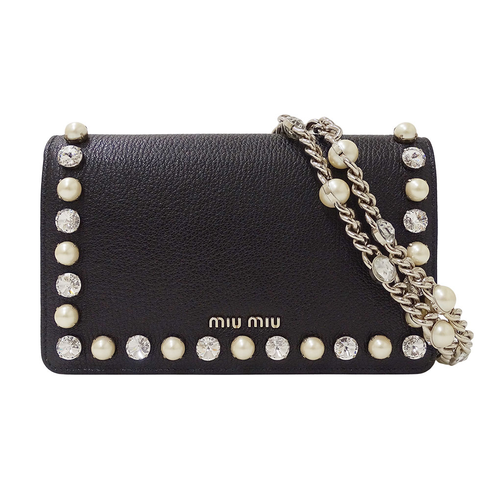 【全品5％OFF引き換え証散り散り中!】ミュウミュウ MIUMIU 御徒面子 レディース ブランド名 ハンドバック ショルダーバッグ 2way なめし革 フェイクパール ビジュー 黒いこと 5BP001 チェーン店肩肉 寄り合い御徒面子 今めかしい 好いたらしい 【中古】