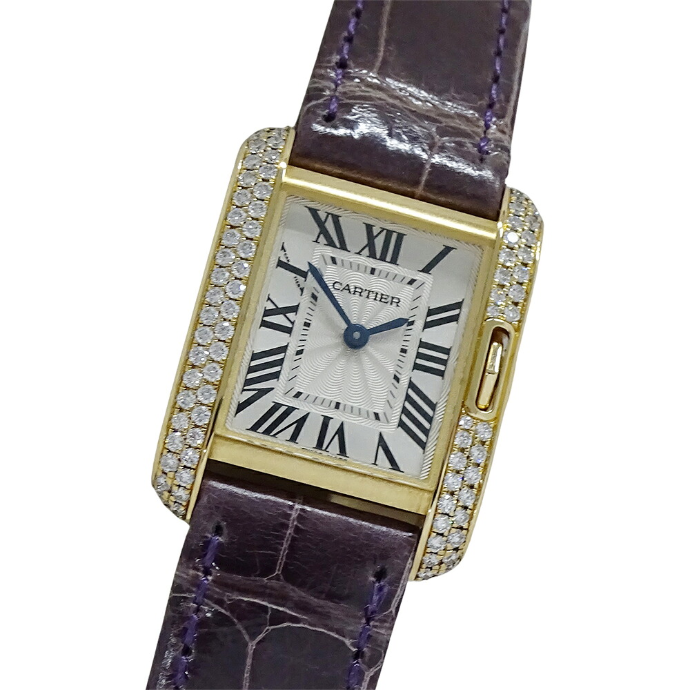 【全品最大10%OFF!14日20時から17日9時59分まで!】カルティエ Cartier 時計 レディース ブランド タンクアングレーズ SM ダイヤモンド クオーツ QZ 750YG レザー WT100014 スクエア 磨き済み 【中古】