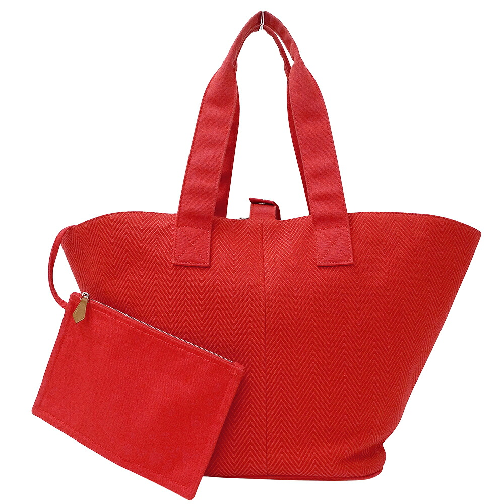 【5.5万円以上5000円OFFクーポン!19日20時から26日1時59分まで】エルメス HERMES バッグ レディース ブランド トートバッグ パニエドプラージュ PM トワルシェブロン レッド シルバー金具 ポーチ付き 大容量 大きめ 肩掛け おしゃれ 【中古】|ブランドベイ