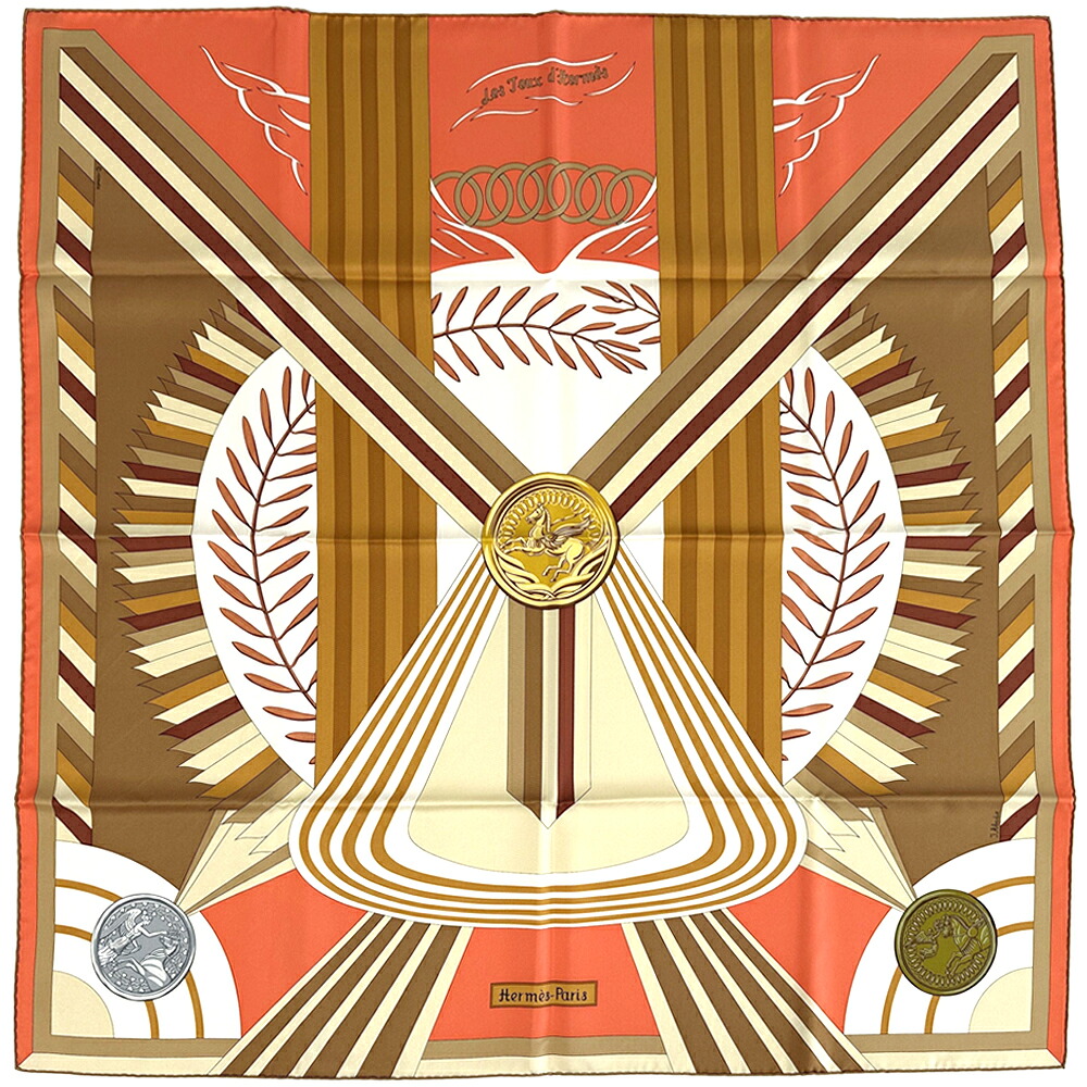 エルメス HERMES えり巻き カレ90 Les Jeux D\u0027Hermes エルメスの競り合い レディース ブランド名 地絹 オレンジ色 マルチ色つや 大判 極美品 【中古】