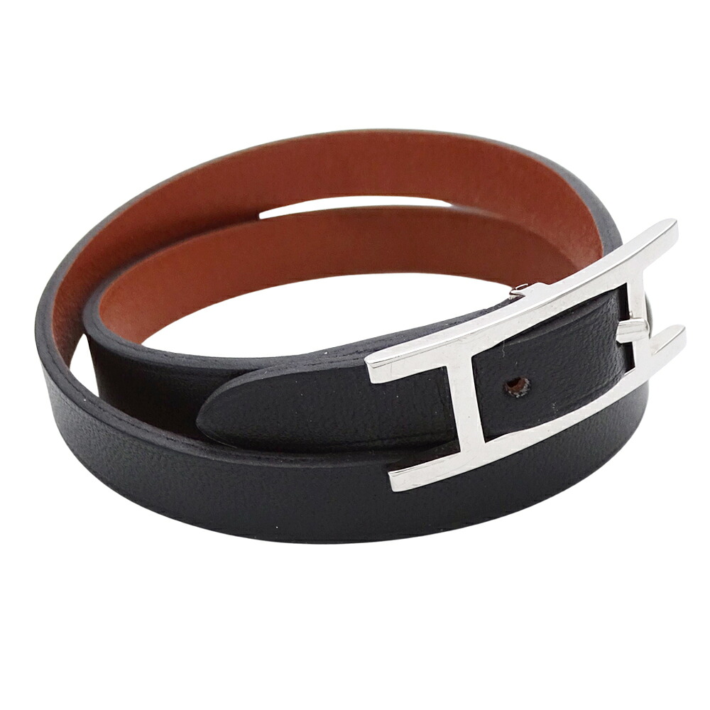 【全品最大10％OFF！14日20時から17日9時59分まで！】エルメス HERMES ブレスレット アピ3 レディース ブランド ドゥーブルトゥール ブラック ブラウン シルバー XS リバーシブル レザーブレス 【中古】