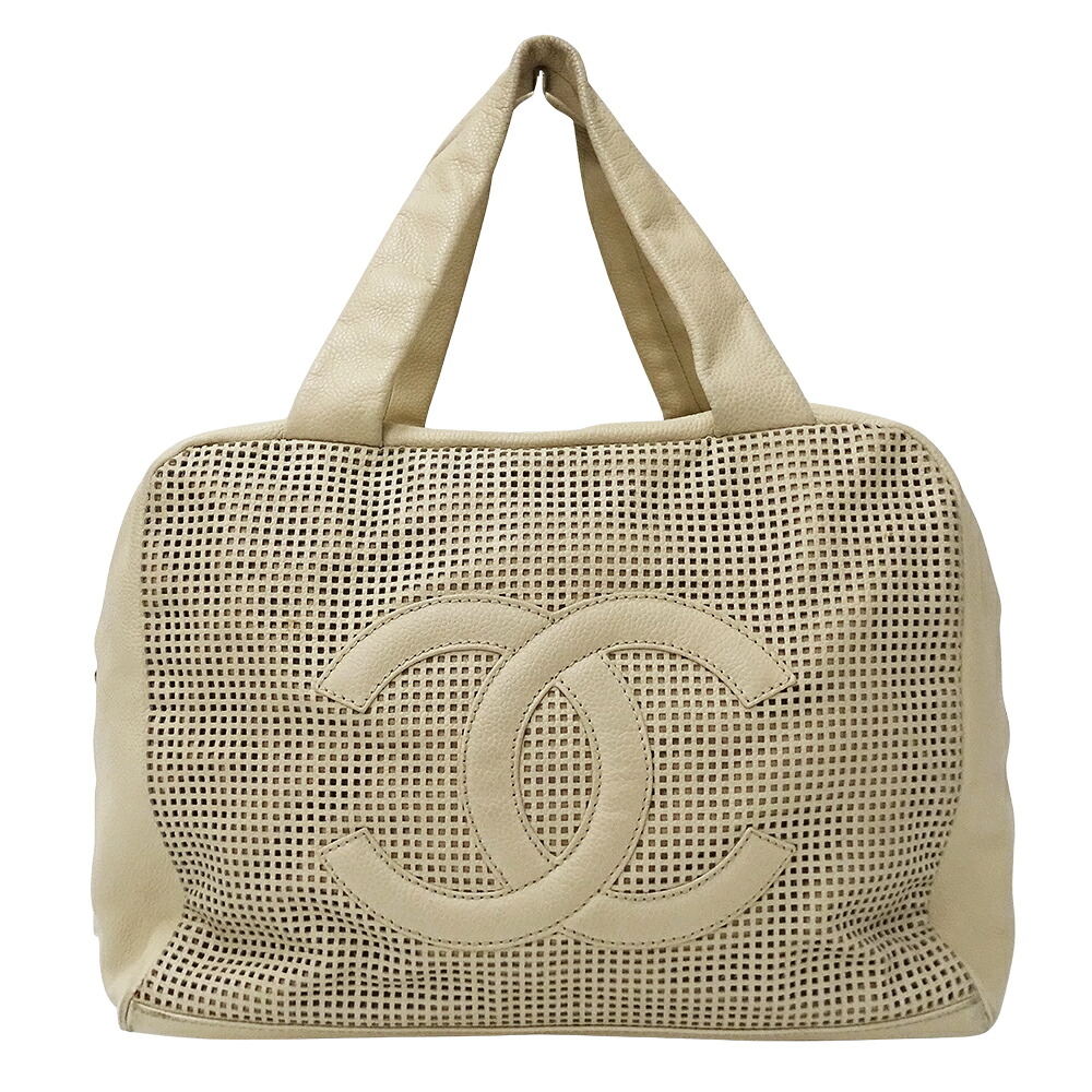 【全品最大10％OFF！14日20時から17日9時59分まで！】シャネル CHANEL バッグ レディース ブランド ハンドバッグ トートバッグ レザー ベージュ シルバー金具 パンチング おしゃれ 【中古】