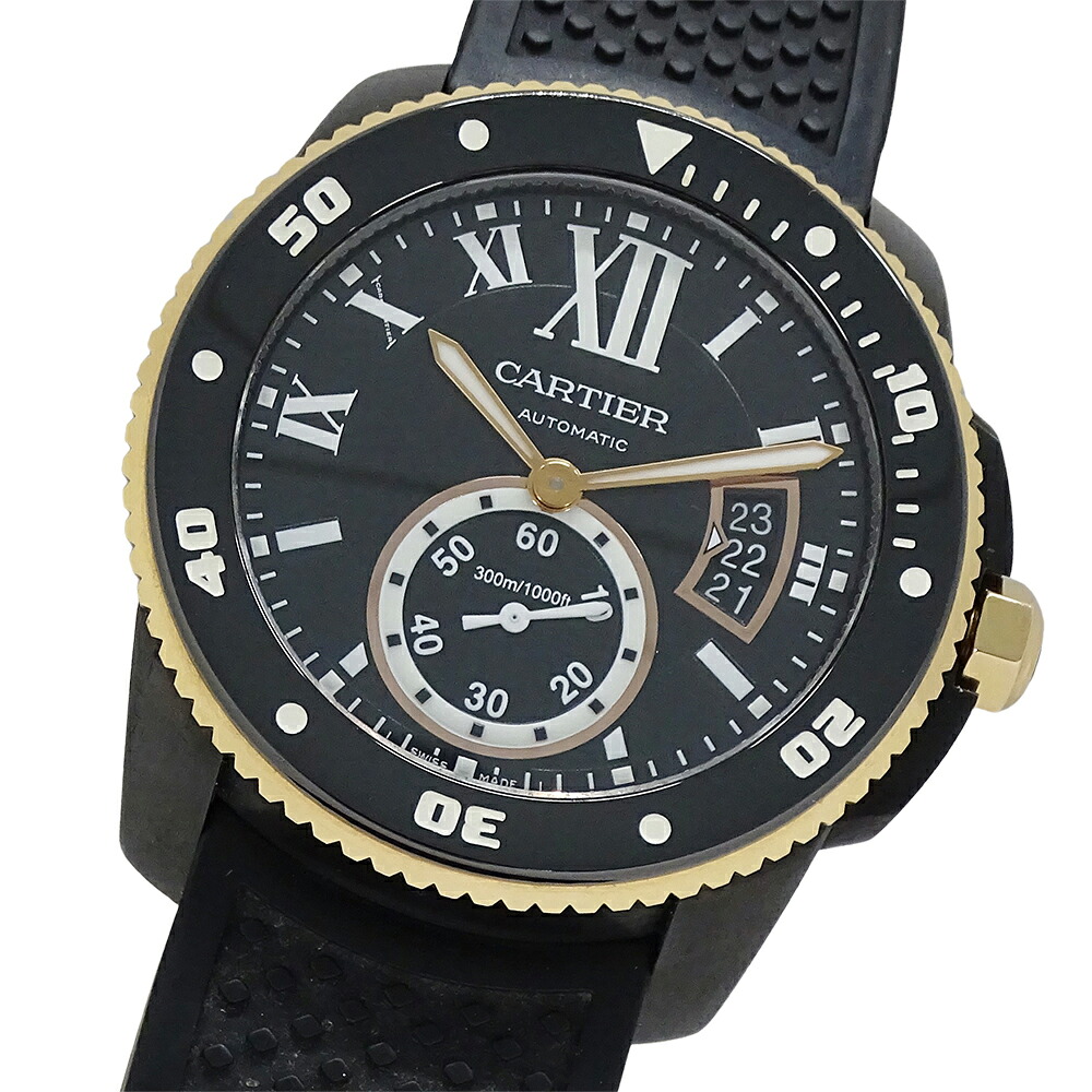 【ほぼ全品最大10％OFF！４日２０時から１０日２５時59分まで！】カルティエ Cartier 時計 メンズ ブランド カリブル ダイバー カーボン デイト 自動巻き AT W2CA0004 ラバー PG ピンクゴールド ブラック【中古】