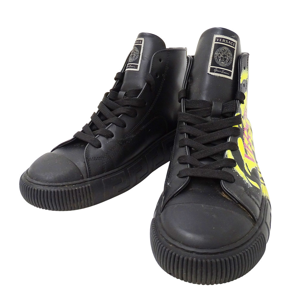 ヴェルサーチ VERSACE スニーカー メンズ ブランド レザー メデューサグレース スマイル ハイカットスニーカー ブラック サイズ41 27.3cm カジュアル 可愛い 派手 おしゃれ 厚底 【中古】