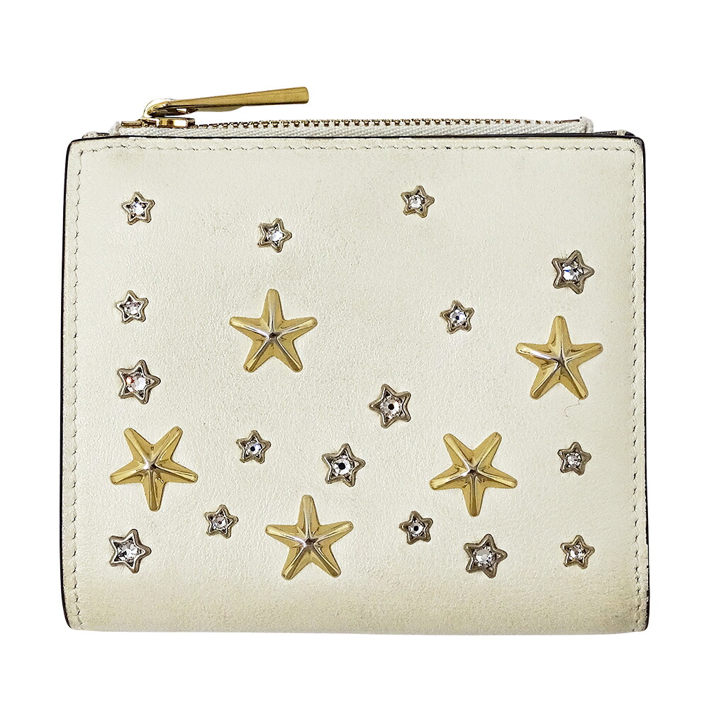 【ほぼ全品最大10％OFF！４日２０時から１０日２５時59分まで！】ジミーチュウ JIMMY CHOO 財布 レディース ブランド 二つ折り財布 レザー ホワイト スタッズ スター 星 白 ミニ財布 おしゃれ 【中古】
