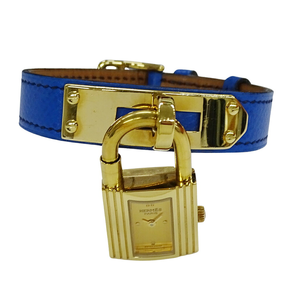 【全品最大10％OFF！14日20時から17日9時59分まで！】エルメス HERMES 時計 レディース ブランド ケリーウォッチ クオーツ QZ GP レザー KE1.201 ゴールド ブルー レッド ○Y ○Z 替えベルト付【中古】