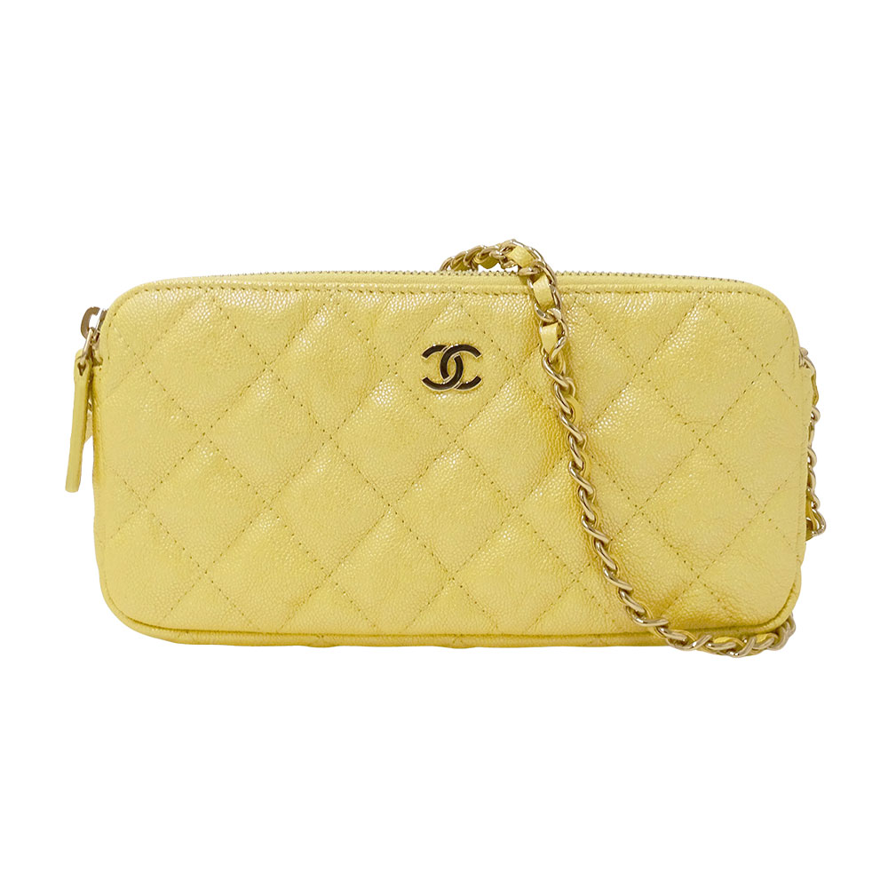 シャネル CHANEL 財布 レディース ブランド ショルダーウォレット マトラッセ キャビアスキン イエロー ゴールド金具 チェーンウォレット おしゃれ 可愛い ロゴ 煌びやか 【中古】