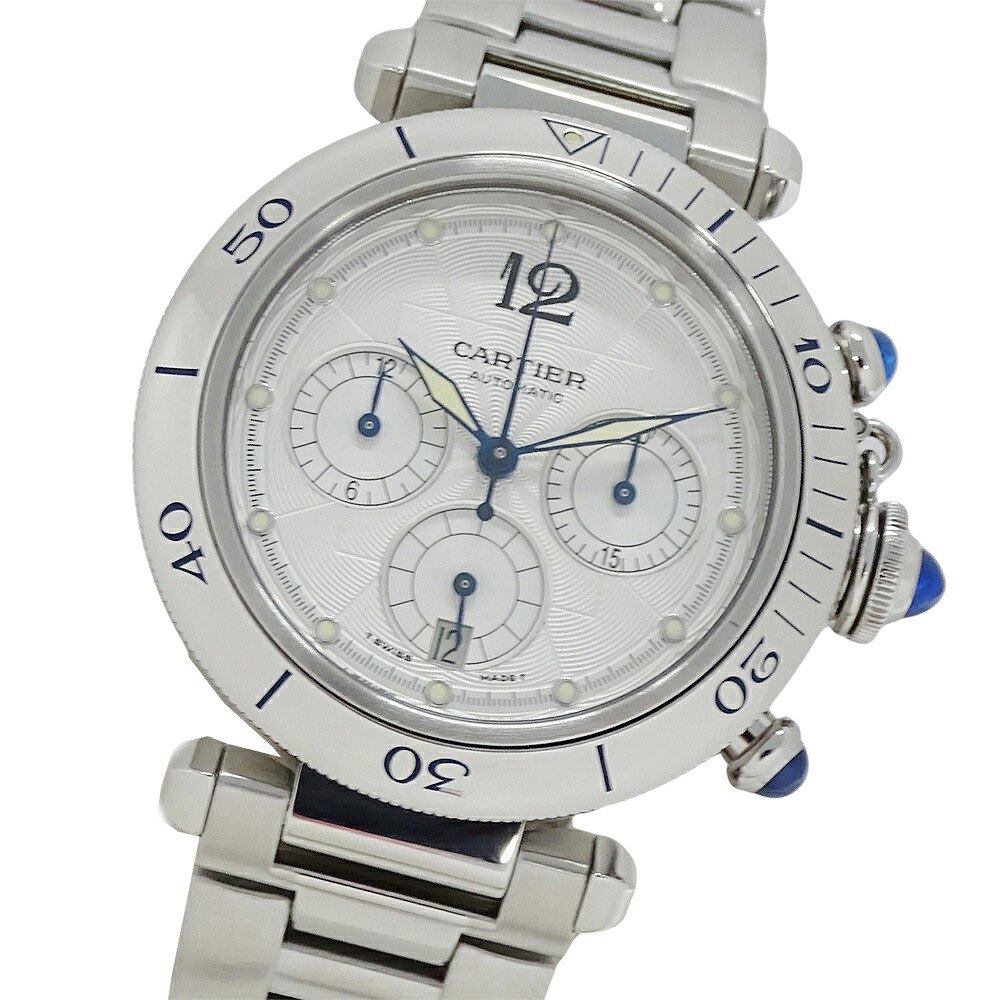 【5.5万円以上5000円OFFクーポン！１９日２０時から26日1時59分まで】カルティエ Cartier 時計 メンズ ブランド パシャ クロノグラフ 自動巻き AT ステンレス SS W31030H3 シルバー 裏スケ 磨き済み 【中古】｜ブランドベイ