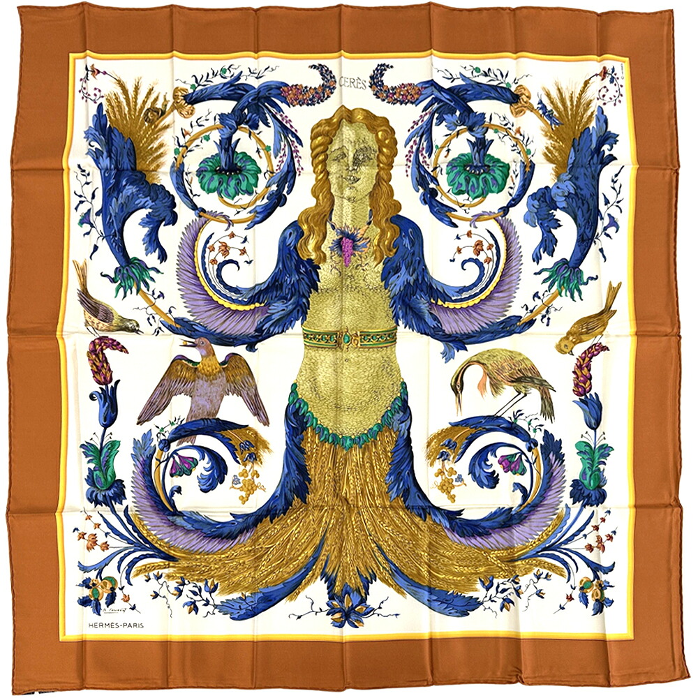 エルメス HERMES えり巻き カレ90 CERES 吉祥天セレス レディース ブランド名 地絹 オレンジ色 マルチ色つや 大判 【中古】