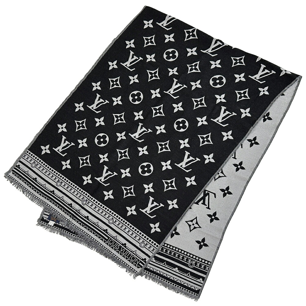 【全品5％OFF引き換え証散り散り中!】ルイ・ヴィトン LOUIS VUITTON えり巻き モノグラム レディース メンズ ブランド名 袈裟 羊毛 地絹 エトール・アメージングラム 黒いこと 薄墨色 大判 【中古】