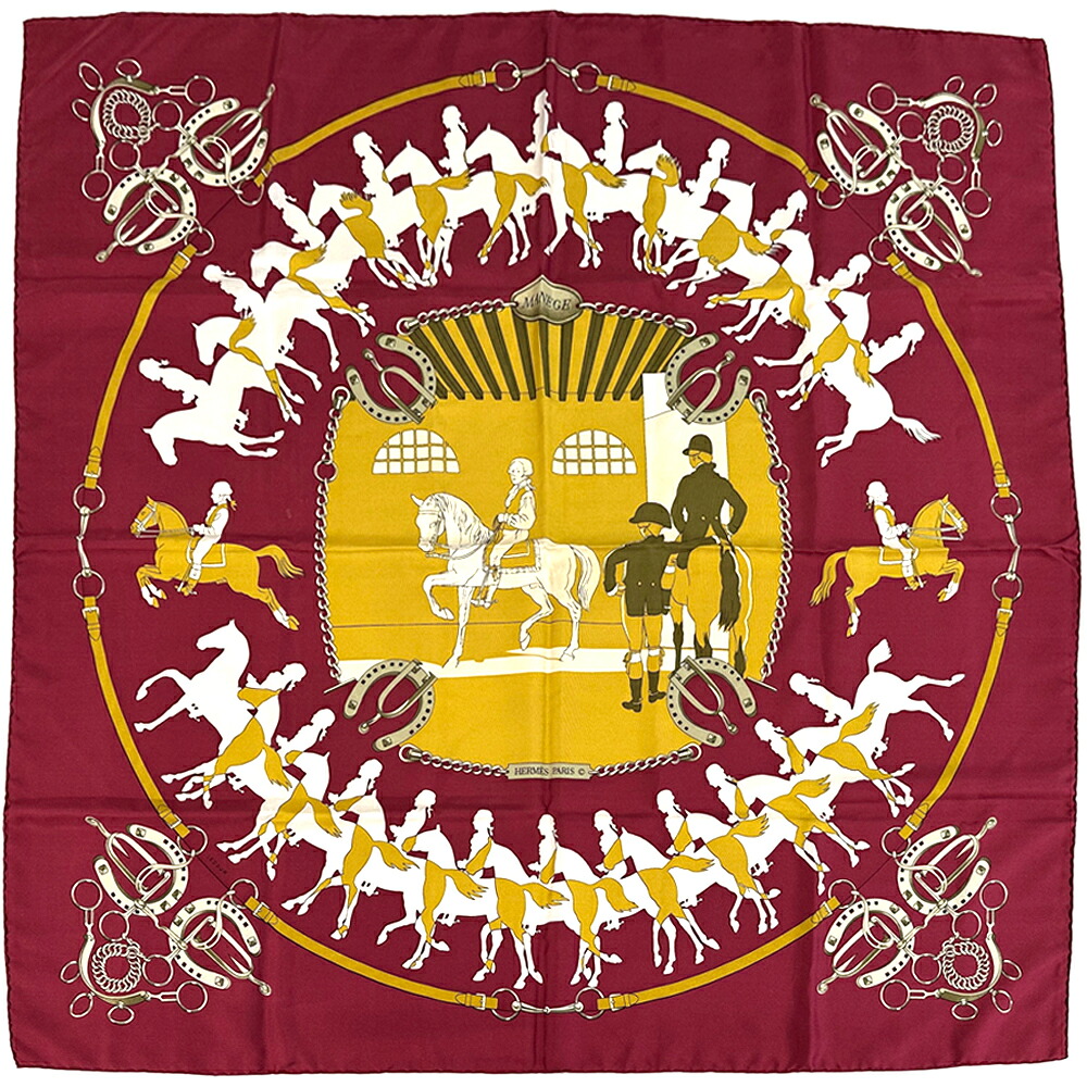 エルメス HERMES えり巻き カレ90 MANEGE マネージュ 乗り馬授業時間 レディース ブランド名 地絹 赤いこと マルチ色つや 馬術 大判 ヴィンテージ 【中古】