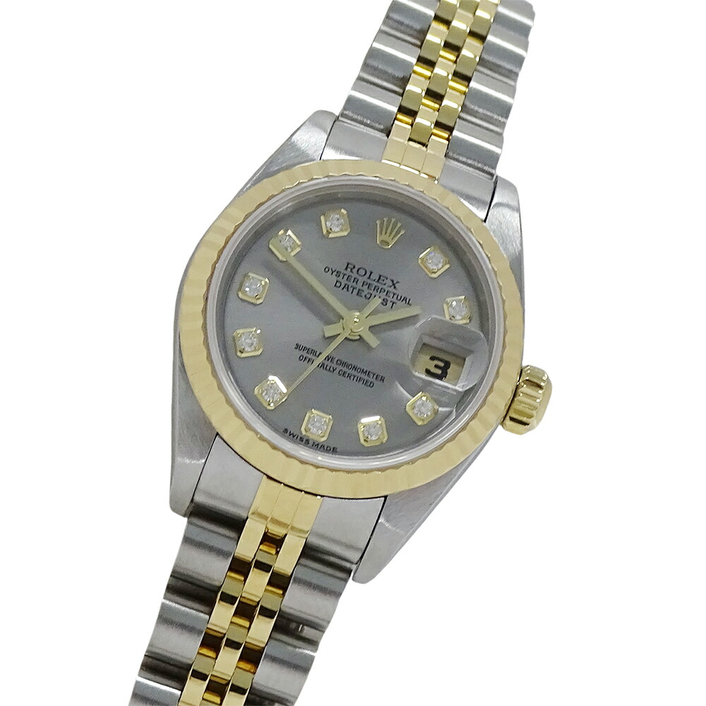 【5.5万円以上5000円OFFクーポン！１９日２０時から26日1時59分まで】ロレックス ROLEX デイトジャスト 79173G F番 時計 レディース ブランド 10P ダイヤモンド 自動巻き AT ステンレス SS ゴールド YG コンビ グレー 磨き済み 【中古】｜ブランドベイ