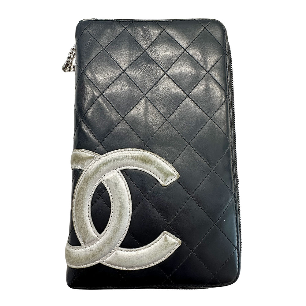 シャネル CHANEL 紙入れ カンボン レディース ブランド名 長紙入れ  子ヒツジ人はだ 黒いこと 黒 しろがね色 格好のいい 【中古】
