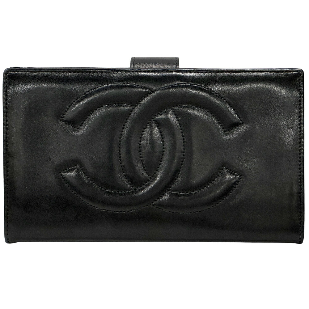 シャネル CHANEL 紙入れ ココマーク レディース ブランド名 長紙入れ 子ヒツジ人はだ 黒いこと ゴールド金具 今めかしい 可愛らしい 【中古】