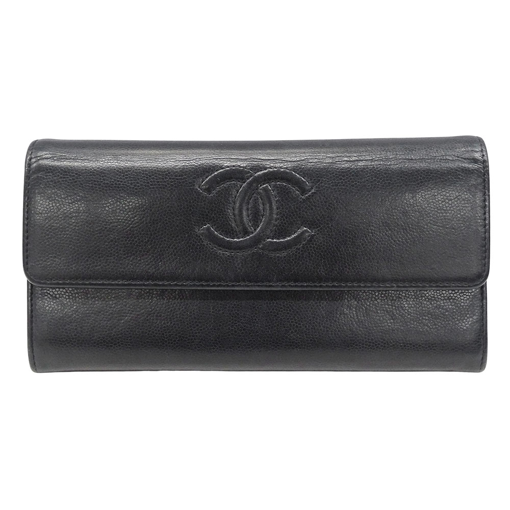 シャネル CHANEL 紙入れ レディース ブランド名 長紙入れ なめし革 黒いこと しろがね色金具 下げ翼式 今めかしい ロゴタイプ 分かりやすい 窈窕たる 【中古】