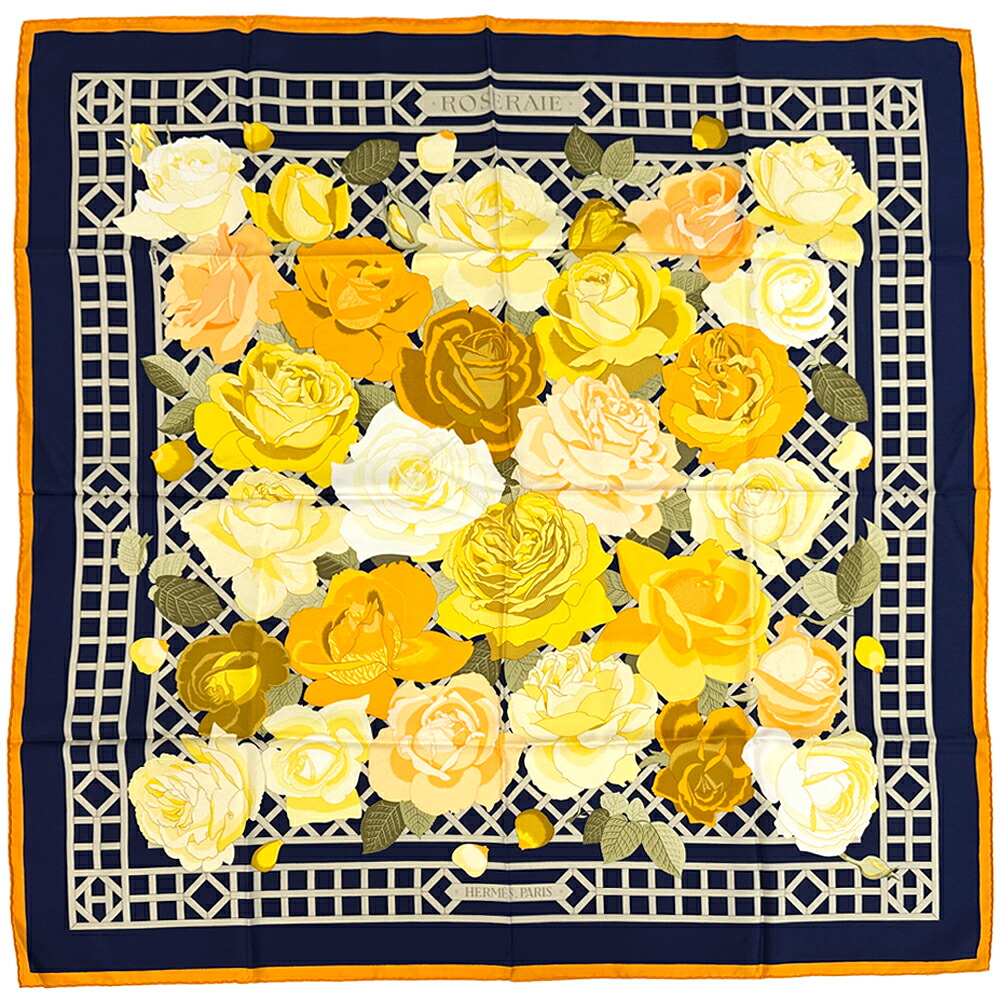 エルメス HERMES えり巻き カレ90 ROSRRAIE 薔薇園 レディース ブランド名 地絹 米国海軍 オレンジ色 マルチ色つや 花柄 大判 【中古】