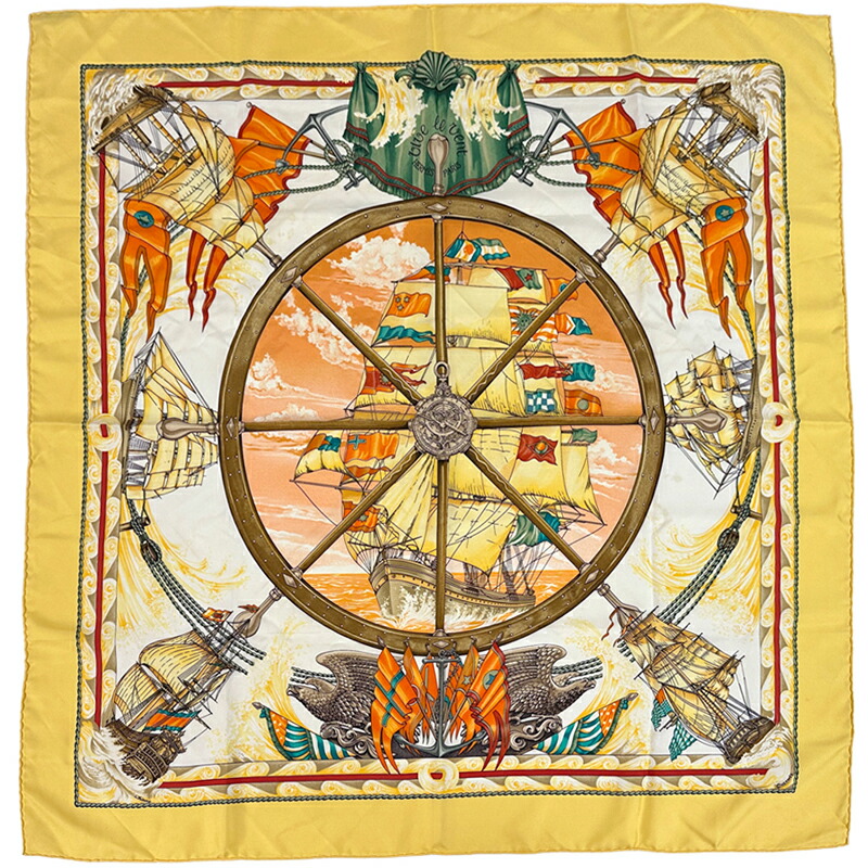 エルメス HERMES えり巻き カレ90 vive le vent 風よ吹け レディース ブランド名 地絹 黄色 マルチ色つや 海 船 帆船 大判 一般受け 【中古】