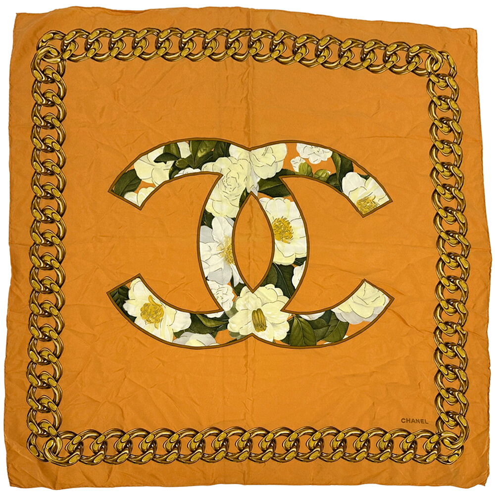 シャネル CHANEL えり巻き ココマーク レディース ブランド名 地絹 オレンジ色 マルチ色つや カメリア 椿 花柄 チェーン店 大判 【中古】