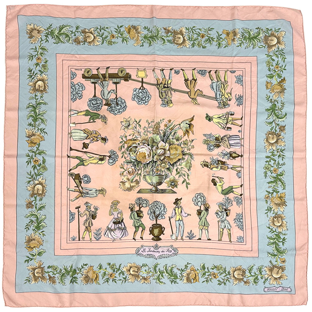エルメス HERMES えり巻き カレ90 Les Jardiniers du Roy 苗木屋のロイ レディース ブランド名 地絹 サクラ色 ともし火青み マルチ色つや 大判 【中古】